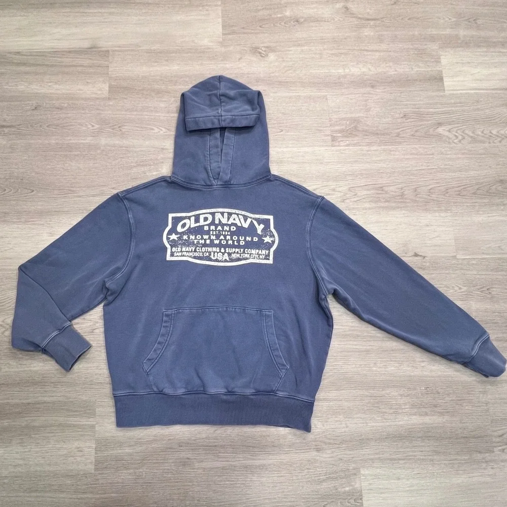 Old Navy Mens Small Blue Garment Dyed Graphic Pullover Hoodie Night Cover 765100